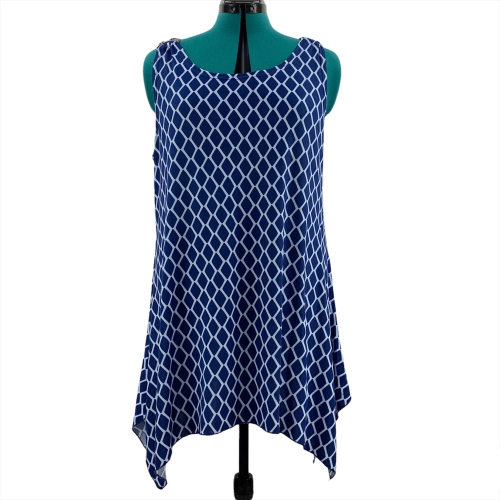 DKR Blue Diamond Patterned Sleeveless Tunic Top, Large